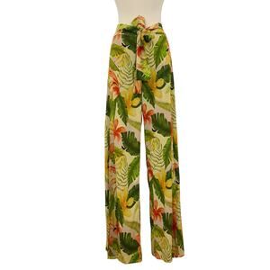 Wide Leg Tropical Print Palazzo Pants - Green Multi